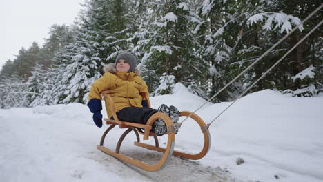 joyful-little-boy-is-riding-sledge-in-snowy-forest-in-wintertime-parent-is-pulling-sleigh